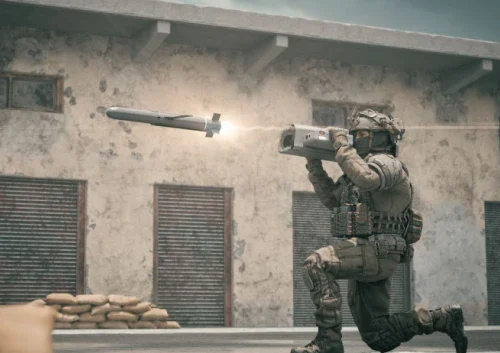 A soldier in full tactical gear kneels and fires a range guided missile from a shoulder-mounted launcher in an urban area with old, weathered buildings in the background.