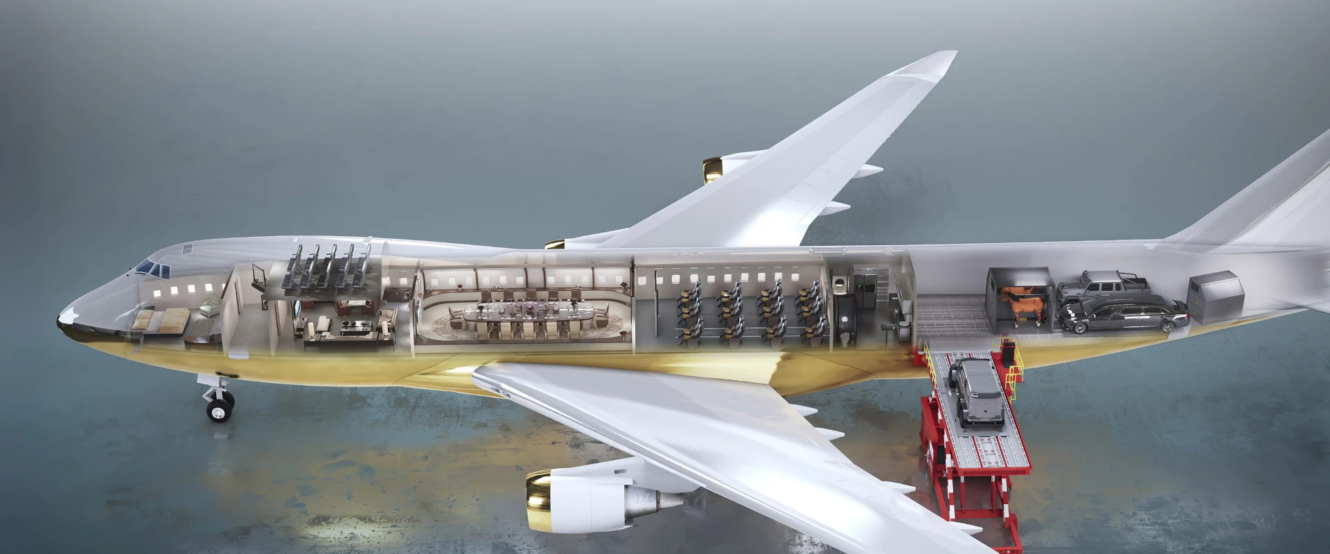 Cutaway illustration of a cargo airplane showing interior sections: cockpit, crew seating, a VIP lounge area, passenger seats, a car and cargo, with a loading platform at the rear.