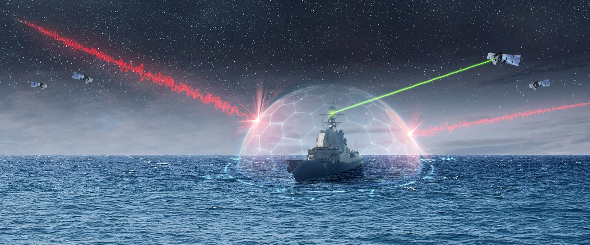 A warship at sea is protected by a translucent, jam-resistant naval energy shield, deflecting red beams from satellites while firing a green laser at one. The night sky is filled with stars.