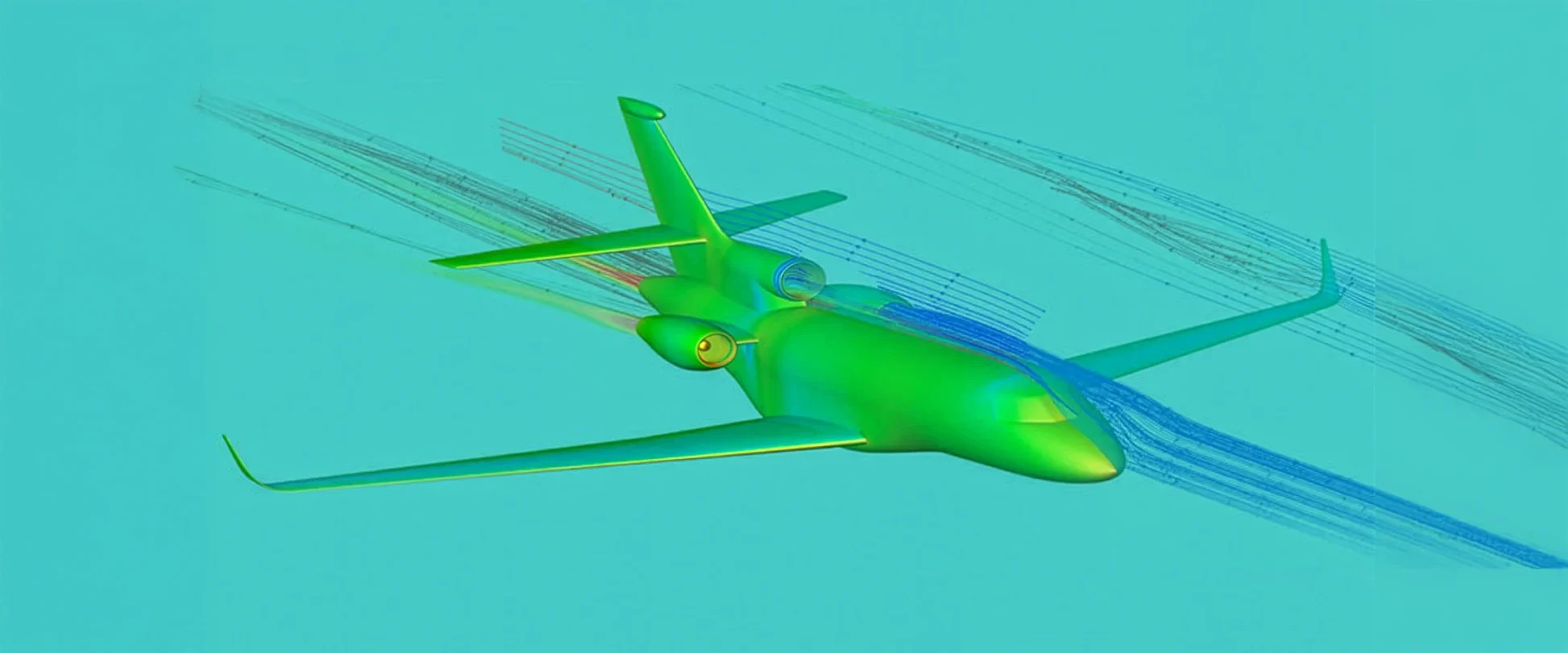 A digital CFD simulation of a small jet airplane shows airflow patterns in colored lines streaming past the aircraft, illustrating aerodynamic flow over its wings and body against a turquoise background.