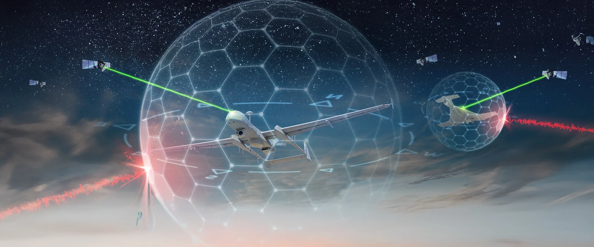 Two drones fly through the sky, each surrounded by a transparent dome, as green and red laser beams—part of a high-tech system to protect navigation systems—are directed at them from satellites and ground sources. Stars fill the background.