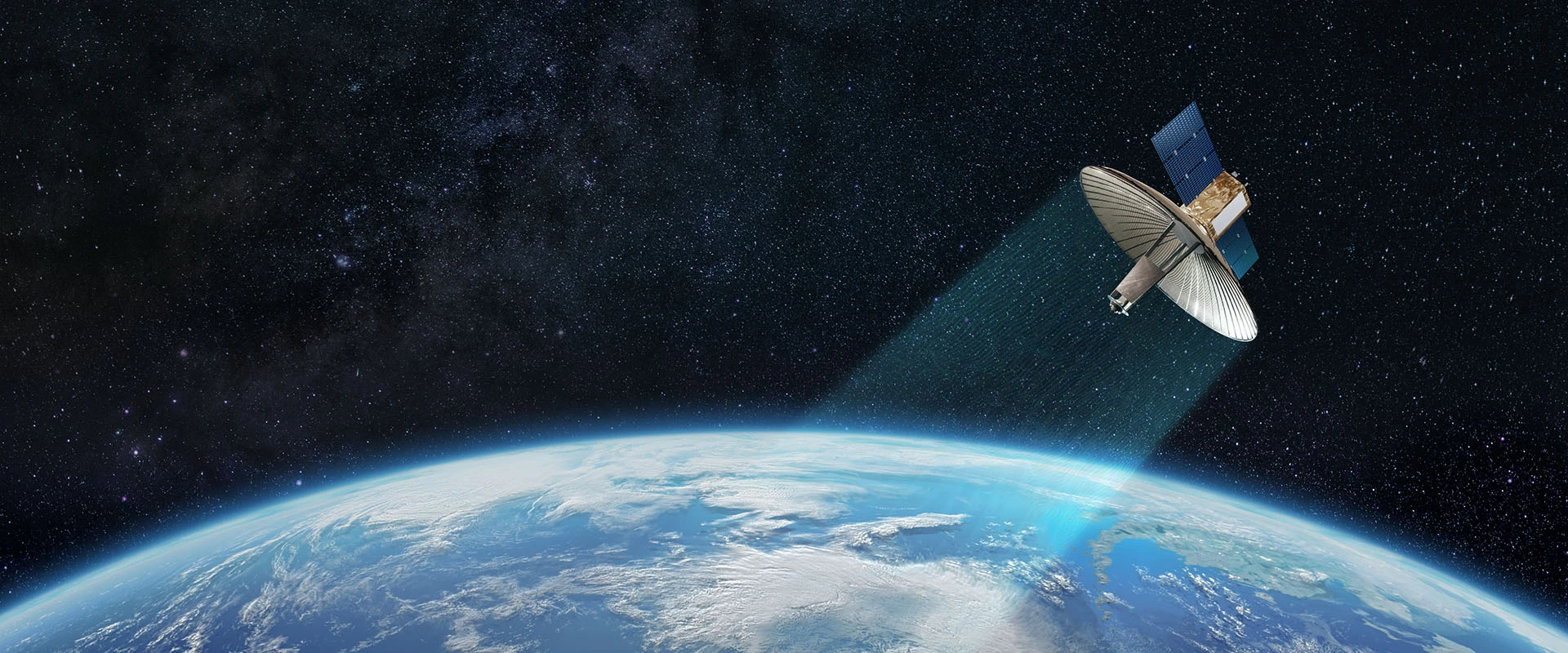 A satellite equipped with synthetic aperture radar orbits above Earth, emitting a wide blue beam toward the planet’s surface. The Earth's curvature, clouds, and atmosphere are visible below, set against the dark expanse of space and distant stars.