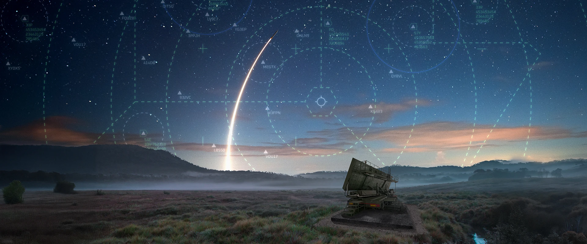 An ELM 2080C missile launcher stands in a field at dawn, firing a missile into a sky filled with digital radar graphics and stars, with hills and mist in the background.
