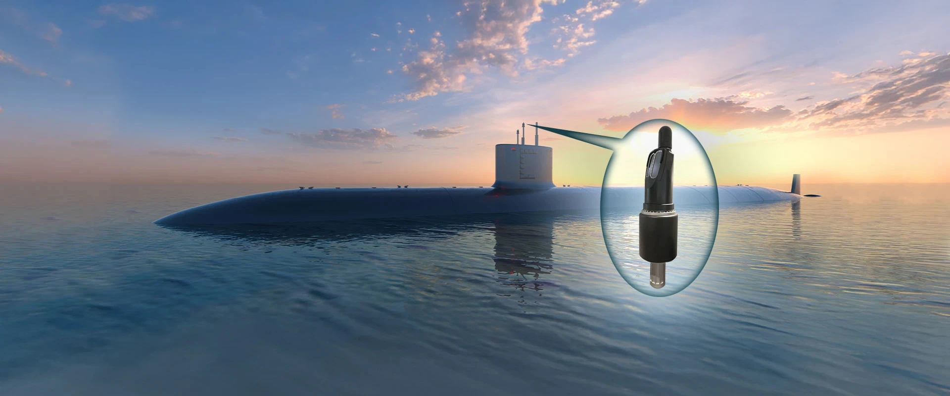 A submarine floats on calm water at sunset, with a magnified inset showing a close-up of a reliable cylindrical device—possibly an ICS radar—attached to the submarine’s hull.