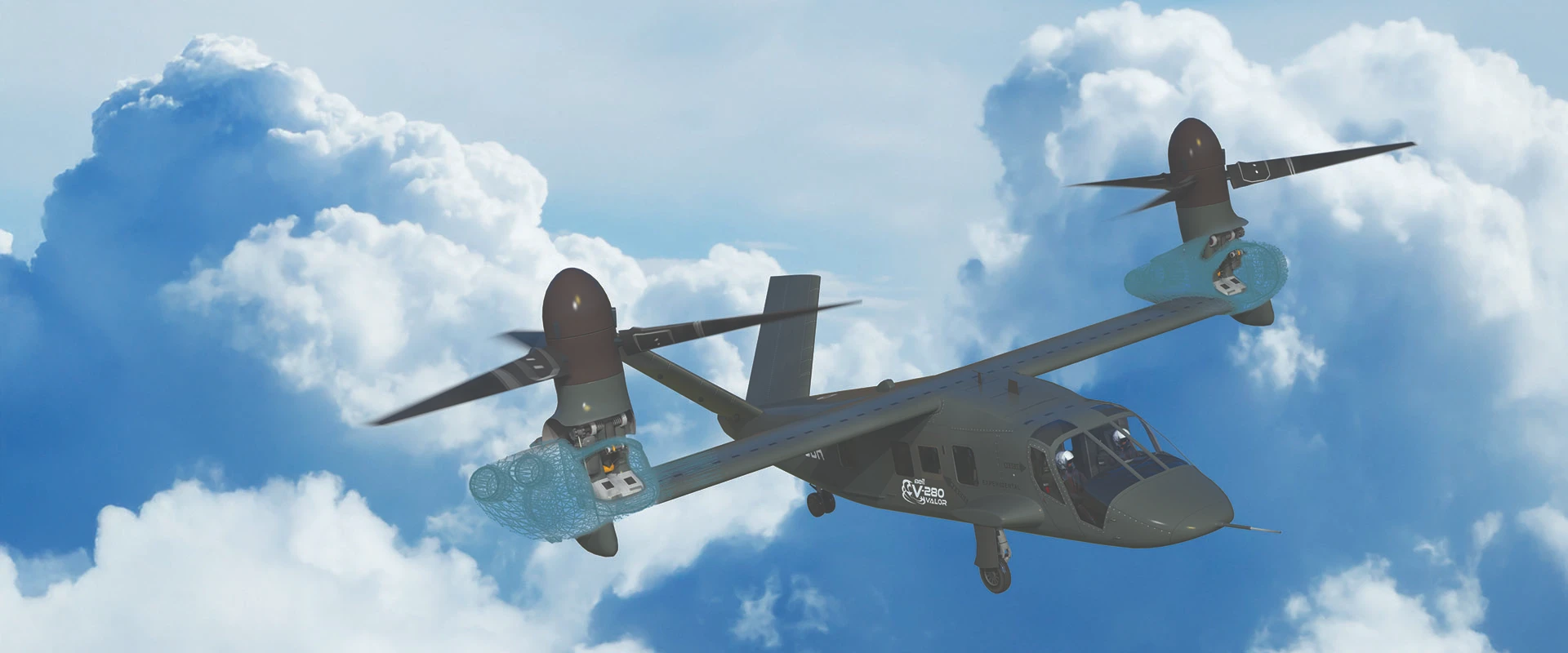 A military tiltrotor aircraft with two large nacelles and propellers flies amid fluffy clouds in a blue sky, combining features of helicopters and airplanes.