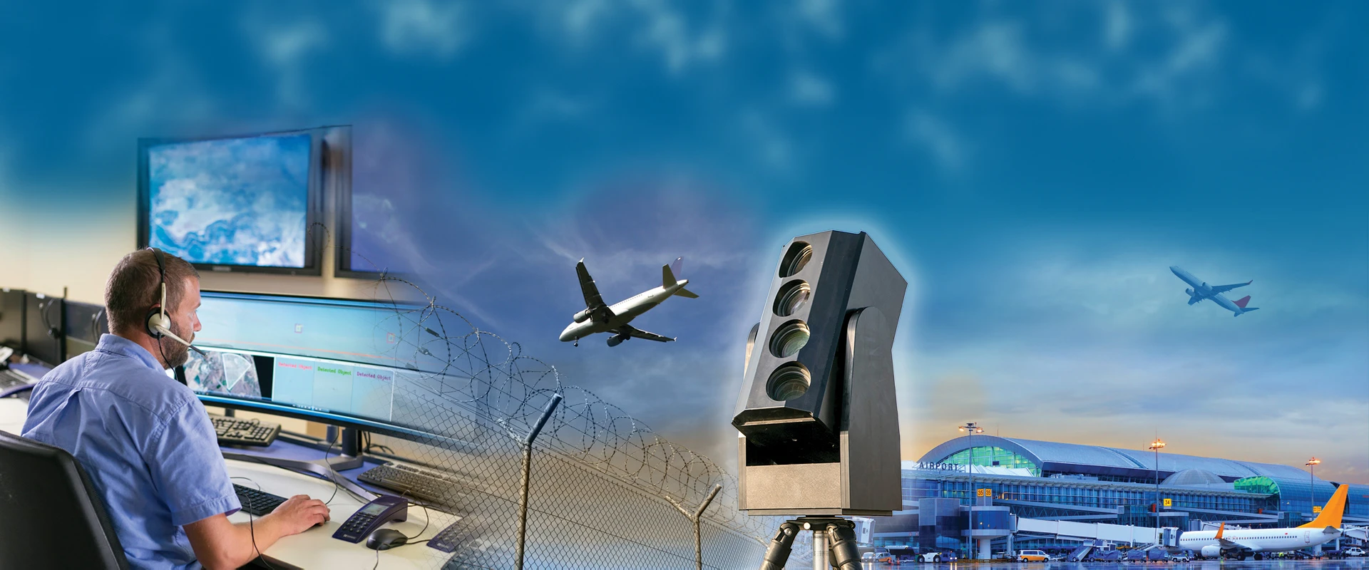 A person monitors air traffic on multiple screens equipped with electro-optical passive radar, while airplanes fly near an airport. A security camera and barbed wire fence are visible, with an airport terminal and runway in the background under a blue sky.