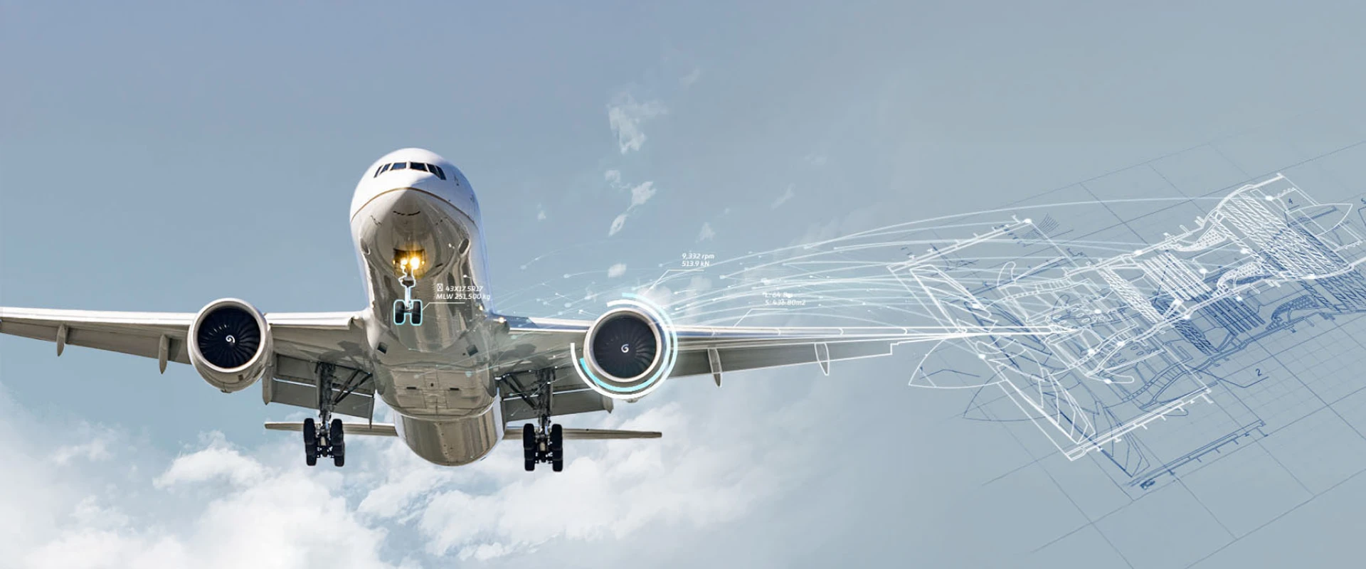 A commercial airplane flies toward the viewer against a blue sky, with technical blueprints and schematic lines illustrating Aircraft MRO processes blending into the right side of the image.