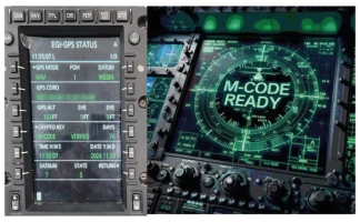 A close-up of two electronic cockpit displays: the left shows detailed GPS status data, and the right features a circular radar-like interface with the words M-CODE READY in the center.