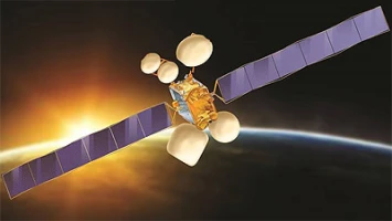 A Loss of Communication Satellite with large solar panels and multiple dish antennas orbits above Earth as the Sun rises in the background, casting a bright glow across space.