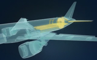 Transparent digital rendering of a commercial airplane showing its internal cargo area and flight deck in yellow, highlighting the structure and layout inside the aircraft.