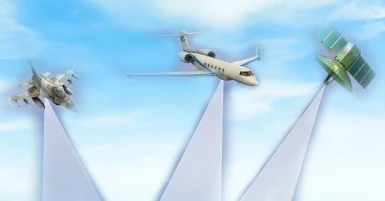 Three flying objects—a fighter jet, a private jet, and a satellite—are highlighted against a blue sky with beams of light pointing up toward each of them.