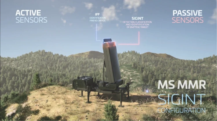 A military radar system by IAI ELTA stands on a hilltop, distinguishing between active and passive sensors with IFF and SIGINT. The mountainous, green landscape lies under a blue sky. Text reads: MS MMR SIGINT CONFIGURATION.