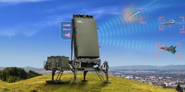 An IAI military radar system on a hill scans the sky, detecting and locking onto aerial threats like missiles, drones, and aircraft with target indicators. A city and mountains form the backdrop.