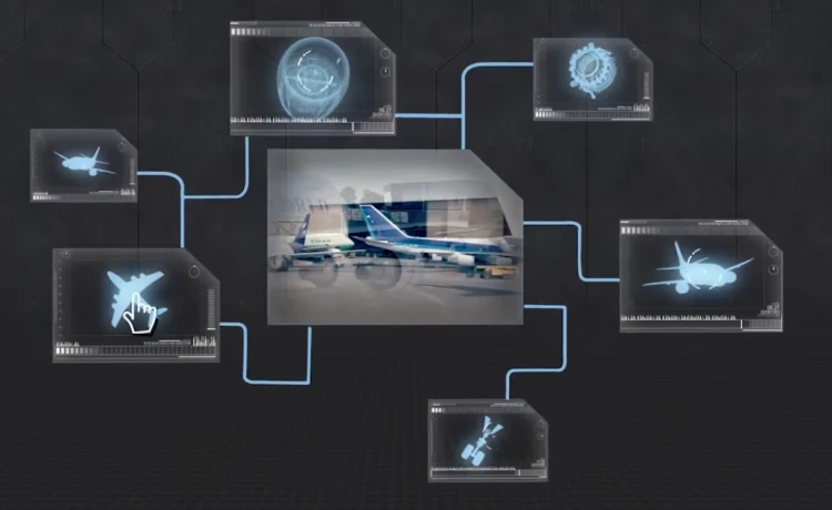 A central digital screen shows an airplane, connected by blue lines to five smaller screens displaying various aircraft icons, gears, and targeting graphics, suggesting IAI-driven technological integration or MRO analysis.