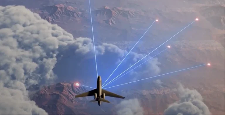 An IAI multi mission jet flies over a mountainous landscape and thick clouds, emitting blue laser beams that intercept small glowing objects in the sky—demonstrating advanced intelligence and precision.