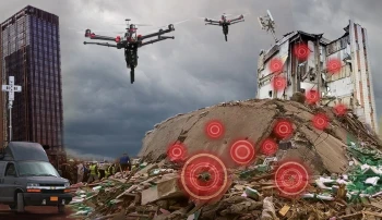 Drones fly over a collapsed building with red target markers indicating search areas, guided by a cellular search and rescue system. Emergency vehicles and people are present near a damaged tall structure under a cloudy sky.