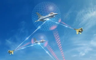 Three fighter jets fly in formation in a blue sky, connected by digital beams and surrounded by a translucent, geometric shield, illustrating advanced Airborne Self Protection technology.