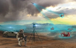A soldier kneels in a desert, operating a tacsense device on a tripod amid blue digital signals, with drones, vehicles, and helicopters connected in a high-tech Israel Air Force electronic intelligence scene under a cloudy sky.