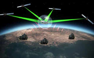 A digital illustration shows four satellites in space beaming green lasers toward Earth, showcasing advanced GPS technology as three ground stations emit red signals toward an airplane flying above a globe.