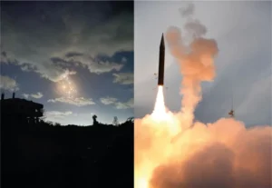 Split image: On the left, glowing lights streak across a night sky above a silhouetted building; on the right, an IAI missile launches upward, trailing bright flames and smoke against a cloudy sky.