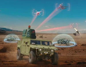A military vehicle in a desert, equipped with an IAI Green Lotus multi-sensor system, targets drones in the sky with red laser beams. Two nearby vehicles are protected by digital shield domes, and a missile launcher is visible in the background.