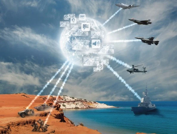 A digital network sphere in the sky connects military vehicles, soldiers, jets, a helicopter, and a navy ship on a coastal landscape, symbolizing OPAL by IAI's advanced communication and coordination technology.
