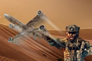 A soldier in desert camouflage wields a handheld missile launcher, shouting and pointing as a drone resembling a Star Wars X-wing soars over the sand dunes in the background.