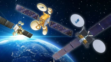 Three satellites with large solar panels and antennas orbit above Earth, floating in space with stars in the background and the planet partially illuminated below.