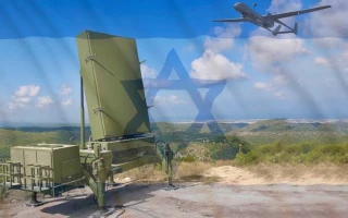 An Israeli military radar system is positioned on a hilltop, with a drone flying overhead. The image is overlaid with a translucent Israeli flag featuring the Star of David.