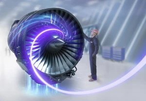 A person in a work uniform and helmet inspects a large jet engine indoors, with glowing blue and purple digital effects swirling around it, highlighting advanced technology and innovative maintenance services.