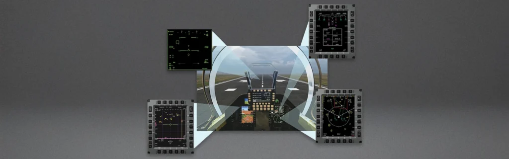 A digital illustration showing a fighter jet cockpit view on a runway, surrounded by four aircraft instrument display panels, each with various flight data and controls, set against a gradient gray background.
