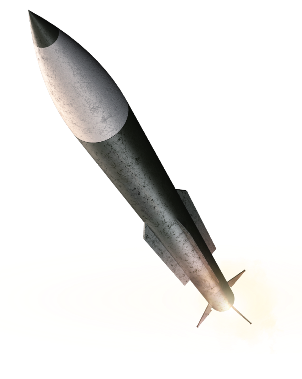 A black and white rocket with fins at the base flies upward, leaving a bright yellow and white trail of exhaust against a transparent background.