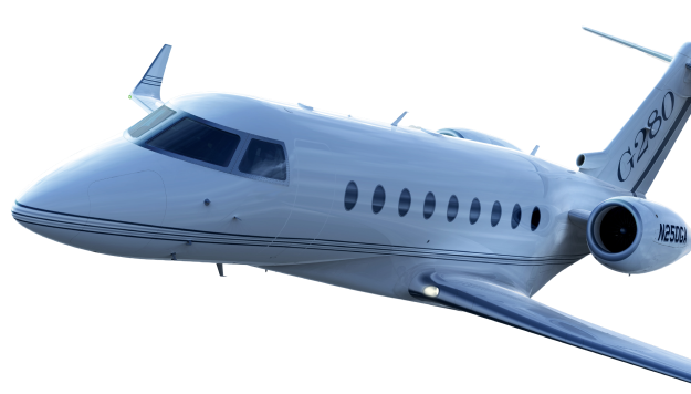 A sleek white private jet with tinted windows and the designation G280 on the tail, flying against a white background.