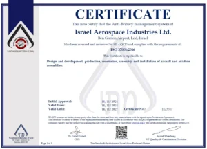 A certificate from Israel Aerospace Industries Ltd., indicating compliance with ISO 37001:2016 for anti-bribery management in aircraft and aviation product design, development, renovation, and assembly.